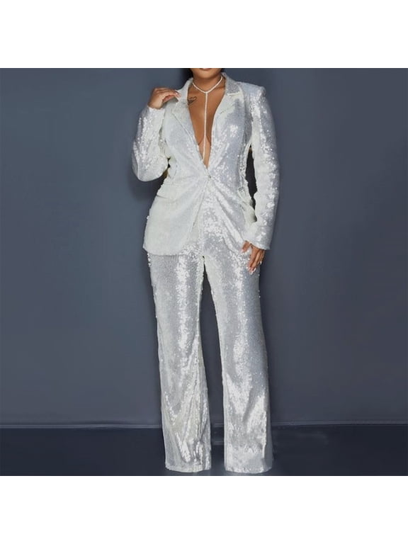 Womens Suits Set Sequin 2 Piece Pants Set Notch Lapel Slim Fit Formal Suits Womens Tuxedo Suit Sequin Sets