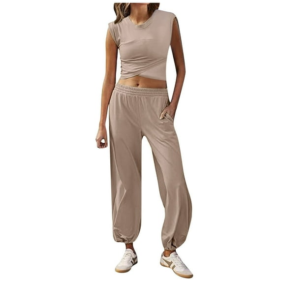 CHUOU Womens Two Pieces Outfits Solid Color Casual Sets Cropped Tops Sweatpants Tracksuit With Pockets