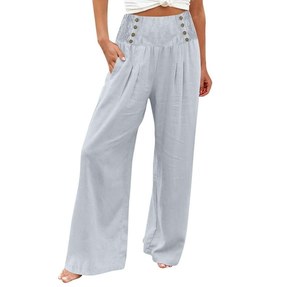 CHUOU Womens Wide Leg Pants Summer Casual High Waisted Palazzo Pants Baggy Beach Trousers With Pocket