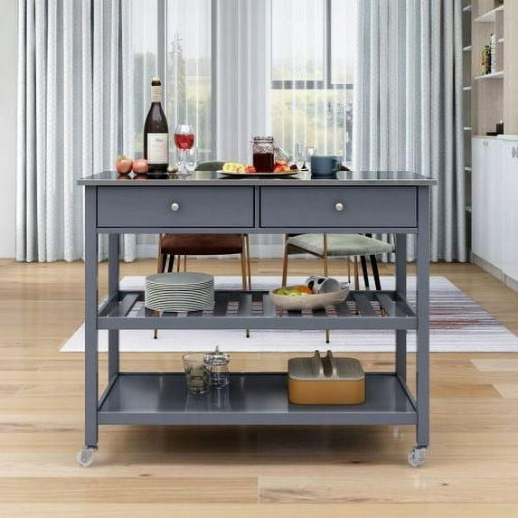 Harper & Bright Designs 43.3" Rolling Kitchen Cart with Wheels, Stainless Steel Top, Two Open Spacious Storage Shelves and Two Drawers, Bamboo Wood Frame