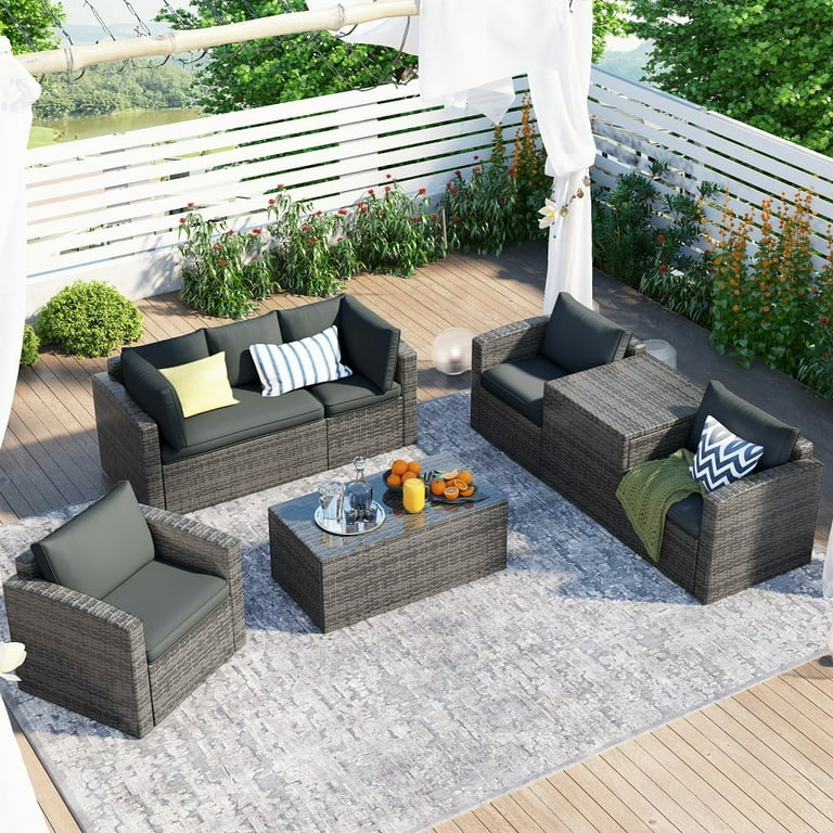 CHURANTY 7 Pieces Rattan Patio Furniture Sets Modular Wicker Furniture Sofa Set Cushions Chairs a Loveseat a Table and a Storage Box