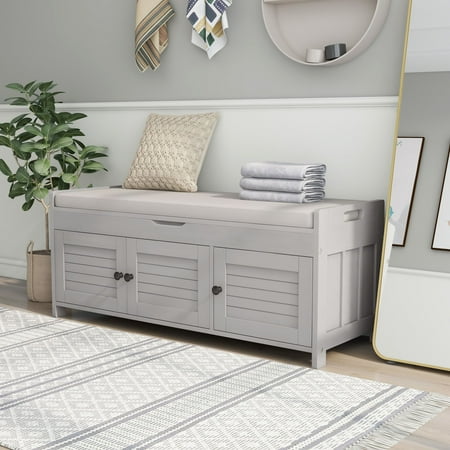 Harper & Bright Designs Entryway Storage Bench with Cushion Woodenb Shoe bench with Seat, 3 Shutter-shaped Doors, Hidden Storage Space, Gray Wash