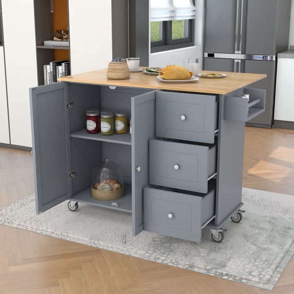 Harper & Bright Designs Kitchen Island Cart with Drop Leaf Breakfast Bar Wood Top, Rolling Kitchen Cart with Storage Drawes and Towel Rack Doors, Blue