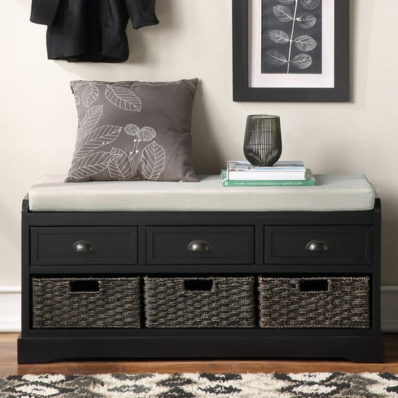 Harper & Bright Designs Storage Bench Homes Collection Wicker Storage Bench with 3 Drawers and 3 Woven Baskets, Wood Entryway Shoe Bench for Hallway, Entryway, Mudroom and Living Room