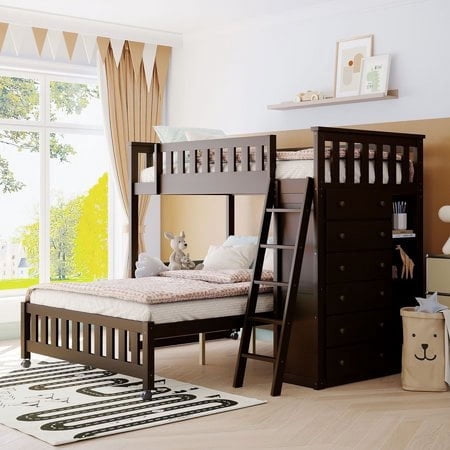 Harper & Bright Designs Twin Over Full Wooden Bunk Bed with 6 Storage Drawers and 3 Flexible Shelves, Twin Loft Bed with Movable Lower Bed for Bedroom, Black