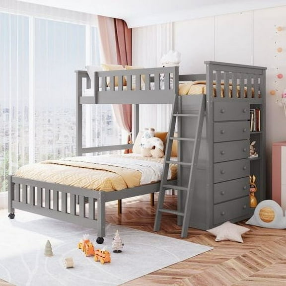 Harper & Bright Designs Twin Over Full Wooden Bunk Bed with 6 Storage Drawers and 3 Flexible Shelves, Twin Loft Bed with Movable Lower Bed for Bedroom, Gray