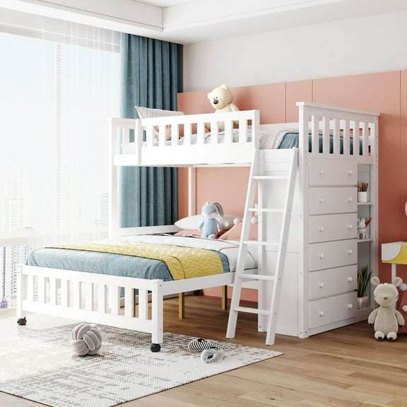 Harper & Bright Designs Twin Over Full Wooden Bunk Bed with 6 Storage Drawers and 3 Flexible Shelves, Twin Loft Bed with Movable Lower Bed for Bedroom, White