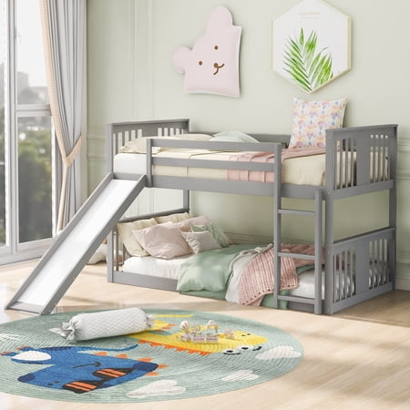 Harper & Bright Designs Twin Over Twin Bunk Bed with Convertible Slide and Ladder, Solid Wood Low Bunk Bed Frame