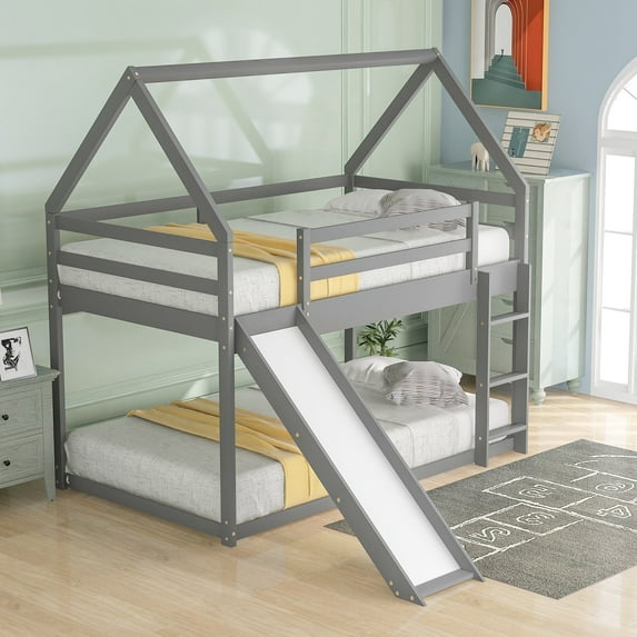 Harper & Bright Designs Twin Over Twin Floor Bunk Bed, Twin Size House Bunk Bed with Slide, Ladder, Guardrail and Roofs for Bedroom, Grey