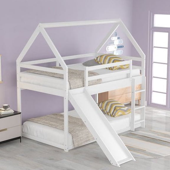 Harper & Bright Designs Twin Over Twin Floor Bunk Bed, Twin Size House Bunk Bed with Slide, Ladder, Guardrail and Roofs for Bedroom, White