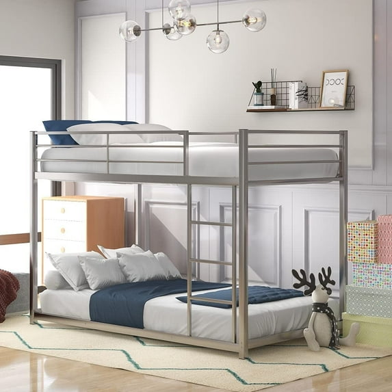 Harper & Bright Designs Twin Over Twin Metal Bunk Bed, Heavy Duty Low Bunk Bed with Safety Guard Rails and Ladder