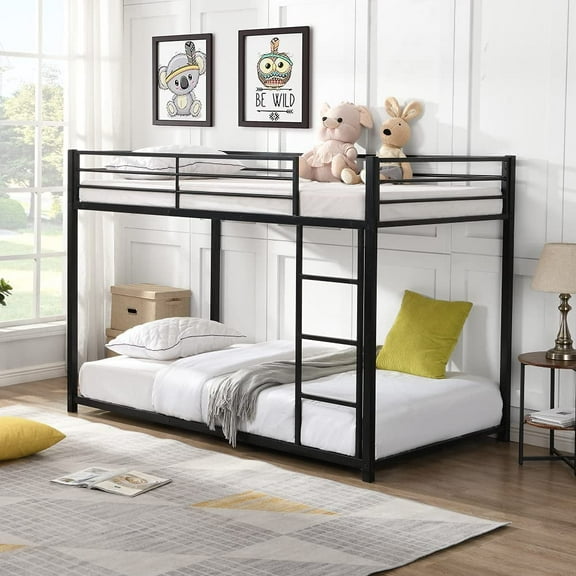 Harper & Bright Designs Twin Over Twin Metal Bunk Bed, Heavy Duty Low Bunk Bed with Safety Guard Rails and Ladder