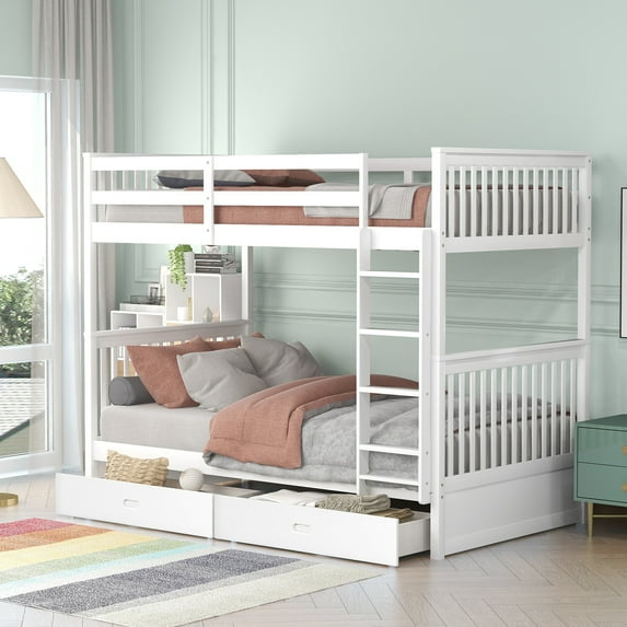 Harper & Bright Designs Twin Over Twin Bunk Bed with Two Storage Drawers, Solid Wood Twin Size Loft Bed with Guardrail and Removable Ladder, Can be Converted Into 2 Separate Beds