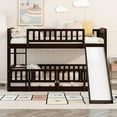 thumbnail image 1 of Harper & Bright Designs Twin Over Twin Low Bunk Bed with Slide Fence and Ladder, Multifunctional Wooden Floor Bunk Bed Frame with Small Door for Bedroom, Espresso, 1 of 13