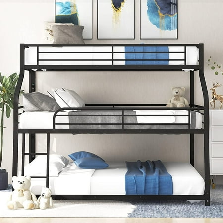Harper & Bright Designs Twin XL XL Over Queen Metal Triple Bunk Bed Frames with Built-in Ladder and Full-Length Safety Guardrails, No Box Spring Needed Platform