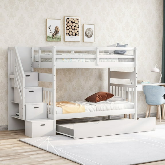 Harper & Bright Designs Twin over Twin/Full Bunk Bed with Twin Size Trundle, White