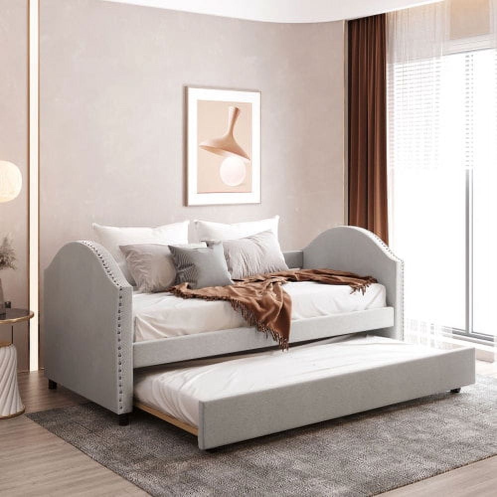 Upholstered Daybed with Trundle, Wood Slat Support,Upholstered Frame Sofa Bed Twin Blue