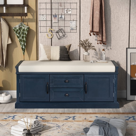 Harper & Bright Designs Wooden Storage Bench with 2 Drawers and 2 Cabinets, Entryway Shoe Bench with Removable Cushion for Living Room, Antique Navy