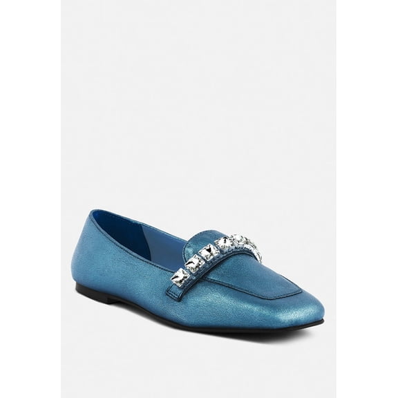 CHURROS Diamante Embellished Metallic Loafers in Blue
