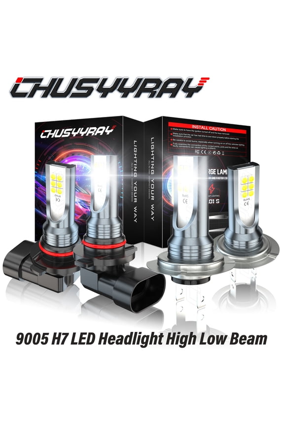 9005+H7 LED Front Headlight High Low Beam Bulbs Upgrade Kit 6000K Pure White Qty 4