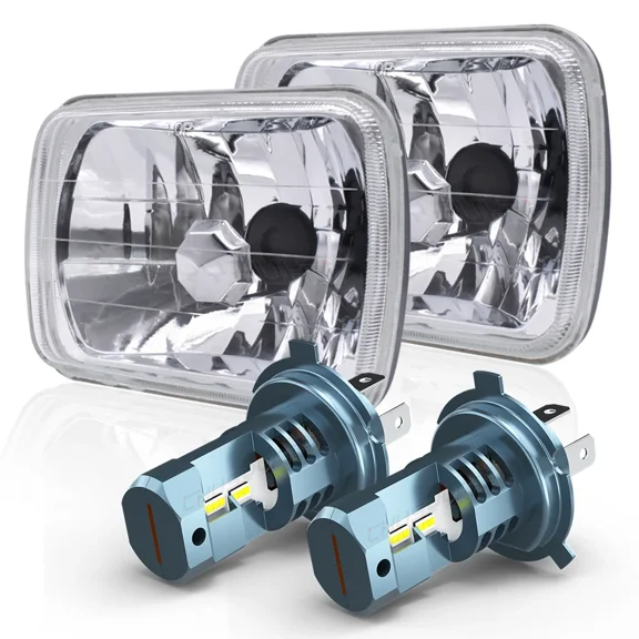 CHUSYYRAY H6054 7x6 5x7 Inch Square Glass Headlight with H4 LED Bulb Compatible with Chevrolet Express 1500 2500 3500 Astro Cargo Van G10 High Low Beam Plug and Play 2 Pack