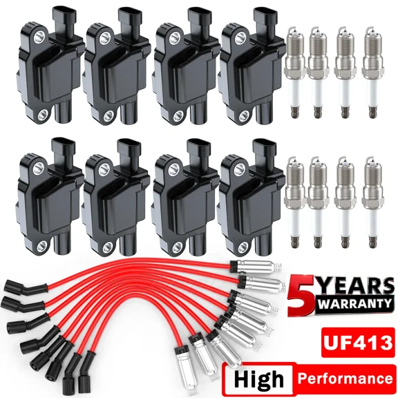 CHUSYYRAY High Performance Ignition Coil & Spark Plug &Wire, Compatible for 2007 2008 2009 2010 2011 2012 2013 Chevrolet Silverado 1500 5.3L-V8 UF413 8Pack