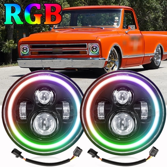 CHUSYYRAY Pair 7 Inch Round LED Headlights RGB Halo DRL Light for Chevy C10 C20 Pickup Nova