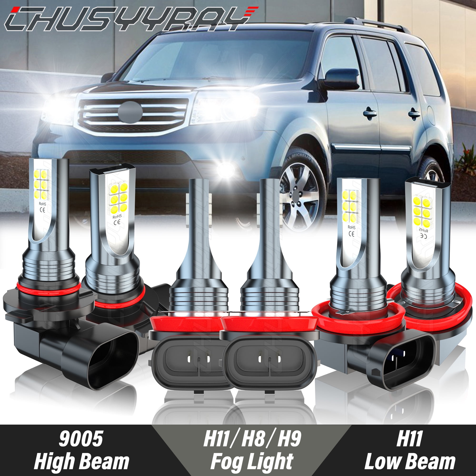 CHUSYYRAY for Honda Pilot 2006-2018 LED Headlight High Low Beam Fog Light Bulbs Kit 6000K White 6x