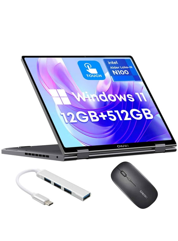 CHUWI 10.51" 360° Touchscreen Laptop 512GB SSD 12GB RAM,12th Gen Intel Alder Lake N100(Up to 3.4GHz),Windows 11,2 in 1 Tablet Notebook Computer,1TB SSD Expand(MiniBook X)+Mouse and HUB