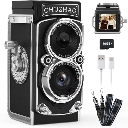 CHUZHAO Retro TLR-Style Mini Digital Camera - Portable Pocket-Sized Point & Shoot, 1080P FHD Video, 12MP, Auto Focus, Vlogging, Includes 16GB Card (Black)