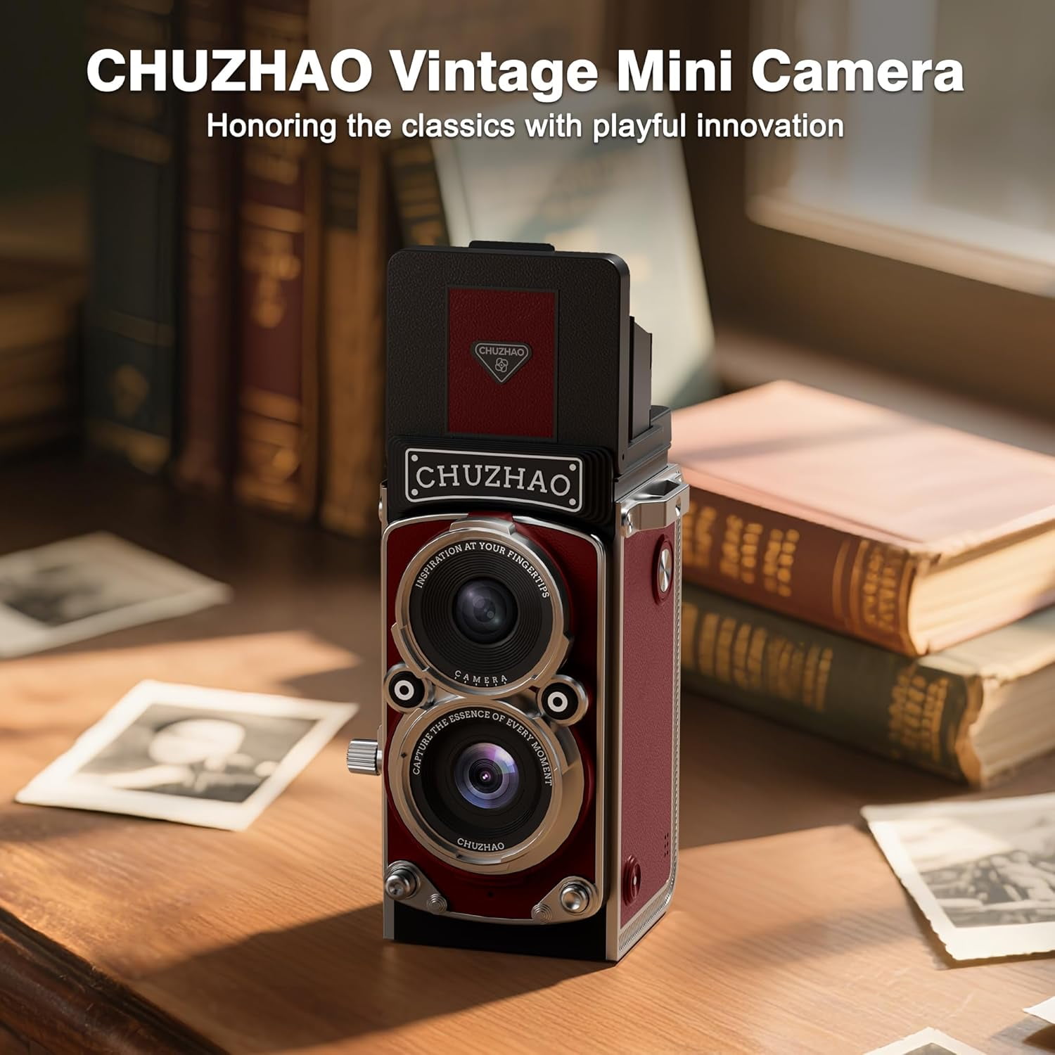 CHUZHAO Vintage Mini Digital Camera, Portable TLR Style Retro Point and Shoot Compact Small Pocket 1080P FHD Video 12MP Autofocus Vlogging Camera with 16 GB Card for Beginners Teens Adults Red