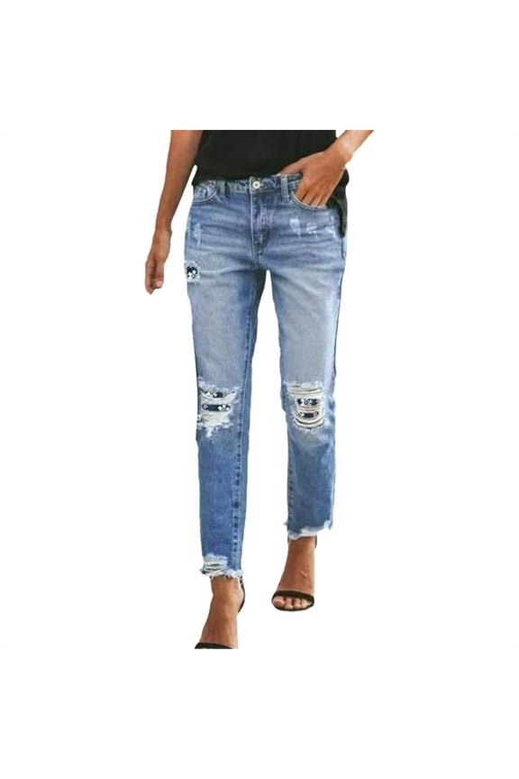 Capri Leggings With Pockets for Women Women Distressed Hem Washed Boyfriend Jeans Straight Leg Denim Pants Black Shorts(Navy Blue,S)