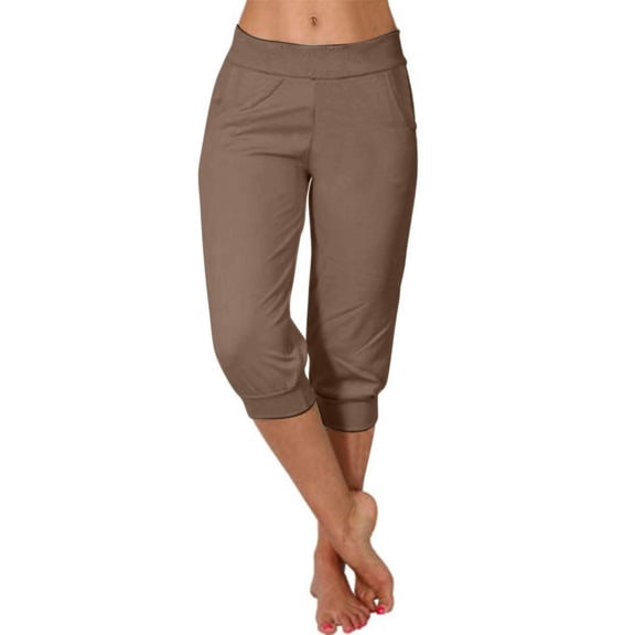 CHWGFWL Capri Pants for Women Capri Leggings for Women 2024 High Waisted Cutout Yoga Capris Lightweight Cozy Cropped Pants Solid Soft Pajams Pants Petite Linen Pants for Women (Khaki,L)