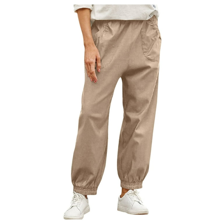 CHWGFWL High Waisted Dress Pants for Women Women s Patch Pocket Casual Pants Women s Elastic Waist Overalls Trousers Women s Pants Linen Pants for Women Khaki L Walmart