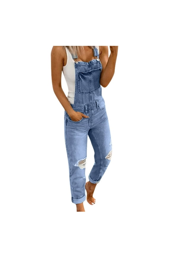 Loose Pants Casual Women's Denim Rompers Denim Overalls Ripped Washed Bib Jumpsuits Jeans Women's Jeans Women's Casual Pants Elastic Waist Pants for Women (Light Blue ,L)