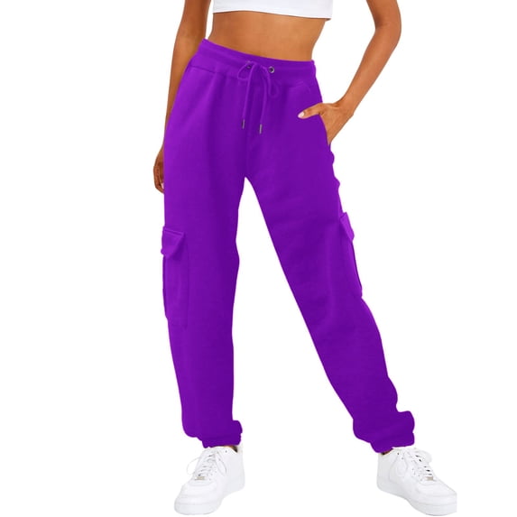 CHWGFWL Loose Pants for Women Women's Casual Solid Pocket Pants High Waist Elastic Band Sweater Pants Drawstring Cargo Pants Women's Bottoms Summer (Purple ,XXL)