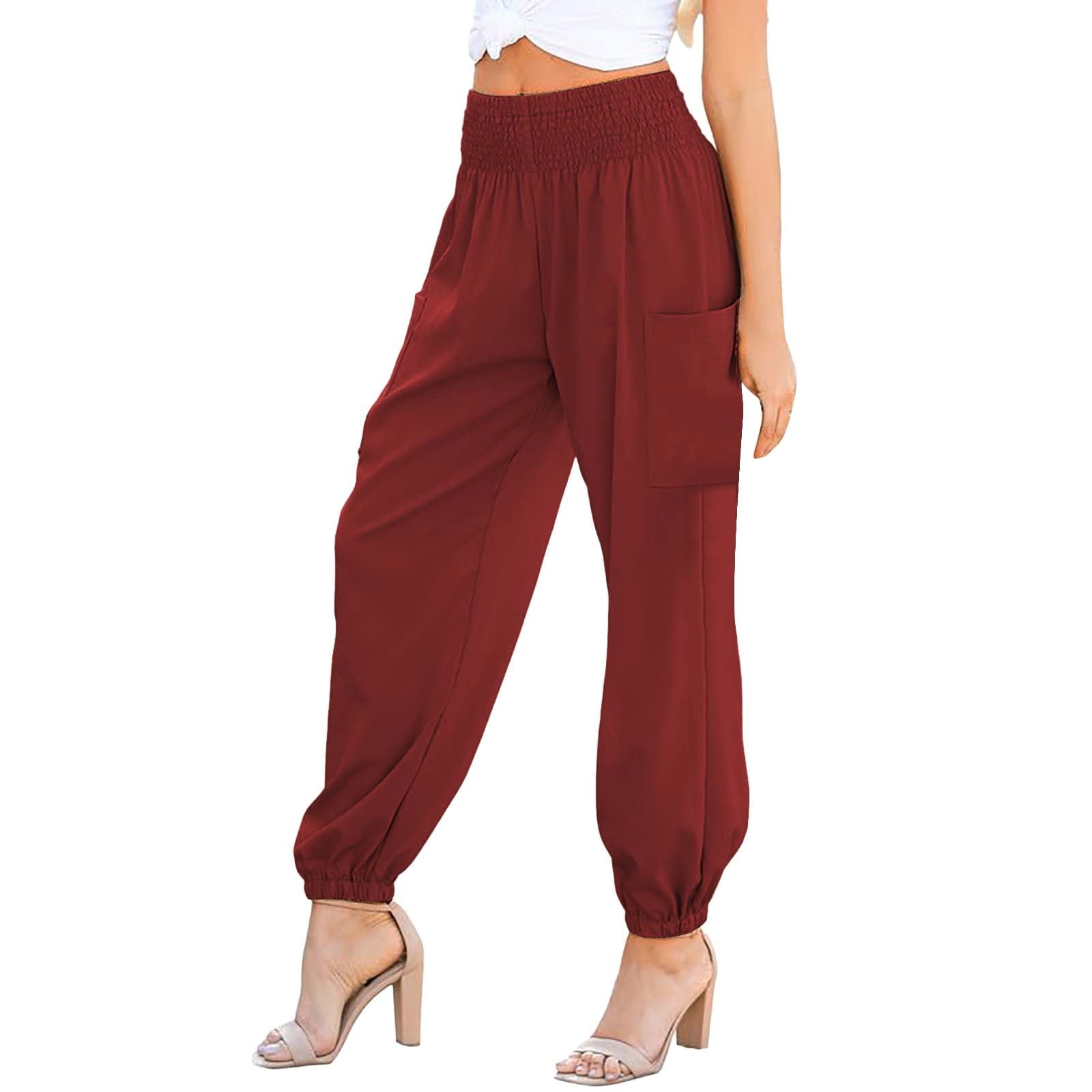 Bold Red Pure Cotton Casual Pants for Women