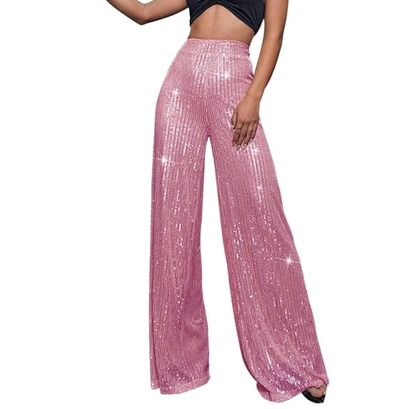 CHWGFWL Pants for Women Trendy Women's High Waisted Sequin Loose Drape Wide Leg Pants Fashion Casual Pants Women's Pants Elastic Waist Comfortable Work Pants Women (Pink ,XXL)