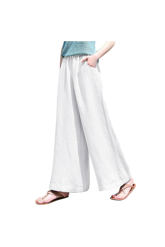 Wide Leg Dress Pants for Women Elastic Breathable Trousers Loose Cotton And Linen Pant Womens Pants With Pocket Petite Wide Leg Pants for Women Linen Pants Women(White,M)