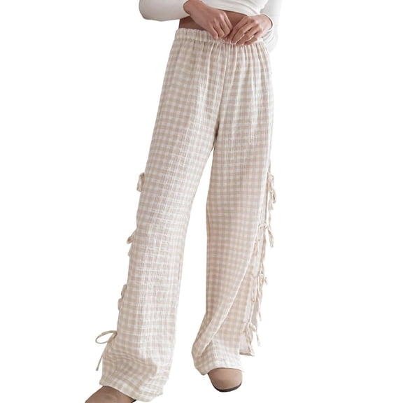 CHWGFWL Wide Leg Pants Woman Women's Plaid Wide Leg Pants Summer Mid Rise Gingham Pants Comfy Pajama Pants Side Slit Tie Pants Trousers Pants for Women Womens Pants Palazzo Pants for Women(Khaki,S)