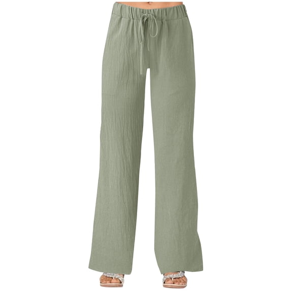 CHWGFWL Wide Leg Pants Woman Women's Solid Color Strapped Pockets Loose Casual Wide Leg Cotton Linen Casual Pants Pants Trousers Pants for Women Pull On Pants for Women (Green,XXL)