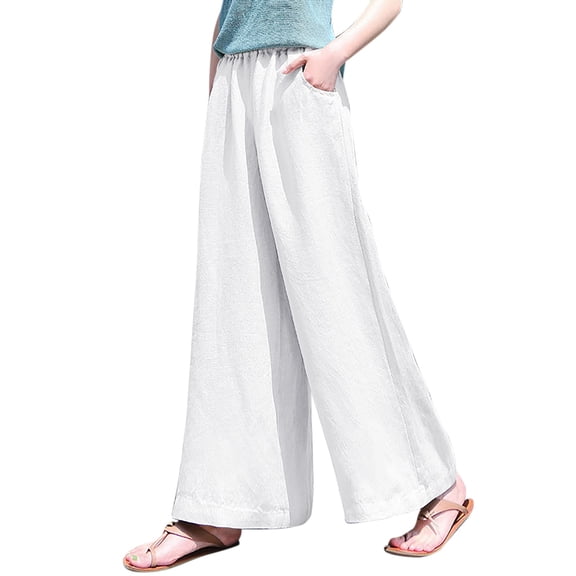 CHWGFWL Women Dress Pants Elastic Breathable Trousers Loose Cotton And Linen Pant Womens Pants With Pocket Wide Leg Pants Woman Palazzo Pants(White,S)