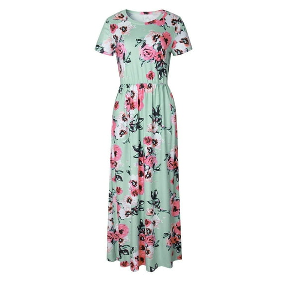 CHWGFWL Women's Casual Floral Printed Dress Short Sleeve Maxi Dress with Pockets(Green,XL)