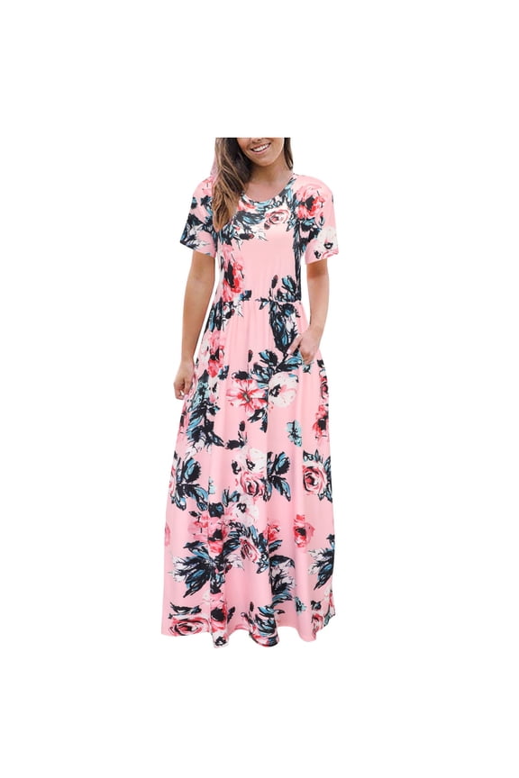 Women's Casual Floral Printed Dress Short Sleeve Maxi Dress with Pockets(Pink,XXL)