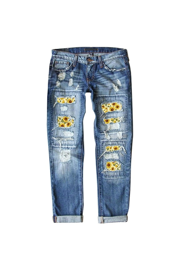 Women's Jean Capris Women's Denim Pants Straight Leg Pants Ripped Print Mid Waisted Straight Pants Jeans Sunflower Floral Jeans Summer Dress Pants for Women (A ,XXXL)