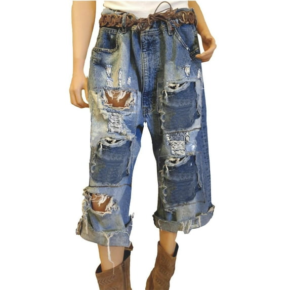 CHWGFWL Womens Capri Jeans Women's Ripped Tassel Wide Leg Western Vintage Jeans Loose Tattered Cropped Jeans Jean Shorts Womens High Waisted(Blue,XXXXXL)