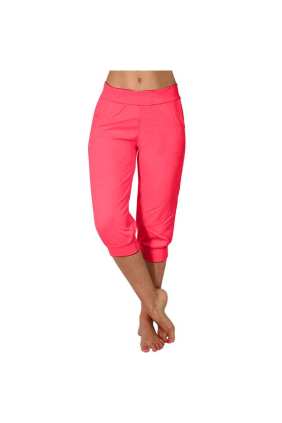 Womens Capris for Summer Capri Leggings for Women 2024 High Waisted Cutout Yoga Capris Lightweight Cozy Cropped Pants Solid Soft Pajams Pants Pull On Capris for Women (Watermelon Red,L)
