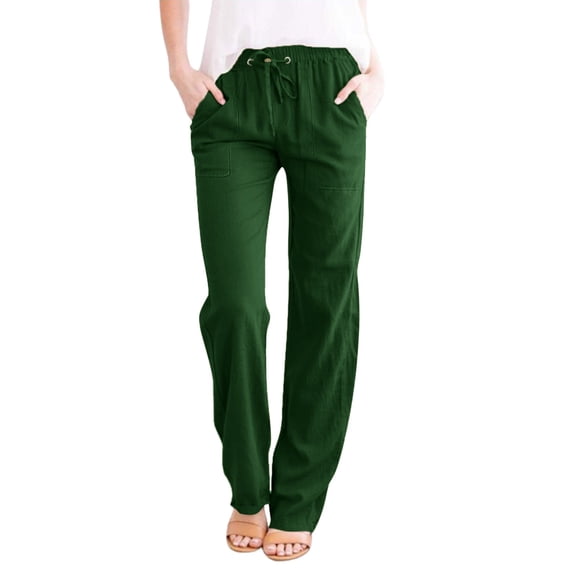 CHWGFWL Womens Linen Pants Womens Casual Solid Color Loose Pockets Elastic Belt Waist Pants Long Trousers Wide Leg Dress Pants for Women Women Dress Pants High Waisted Dress Pants for Women(Green,L)