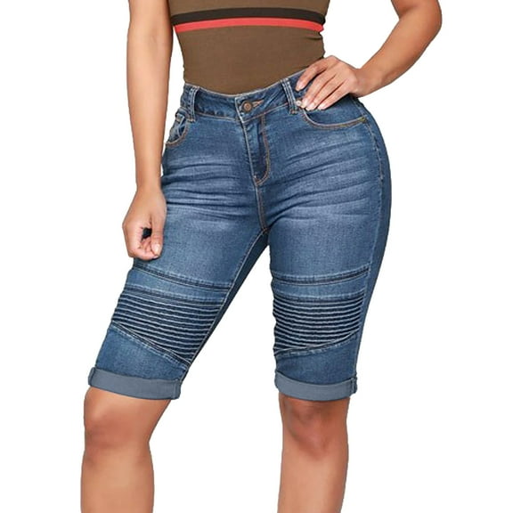 CHWGFWL Womens Petite Capris Women Casual Stylish Stretchy Blue Denim Shorts Denim Shorts(Dark Blue,L)