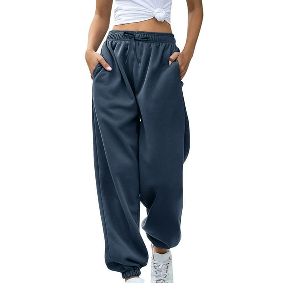 CHWGFWL Womens Wide Leg Pants Women's Bottom Sweatpants Joggers Pants Workout High Waisted Yoga Pants With Pockets Beach Pants for Women Linen Pants Women(Navy Blue,S)